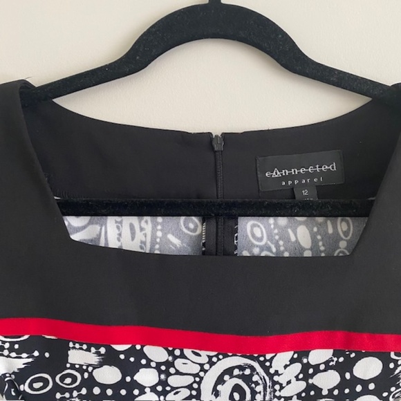 Connected Apparel Black White Dress Geometric Print Sheer 3/4 Sleeves, Size L - Picture 2 of 10